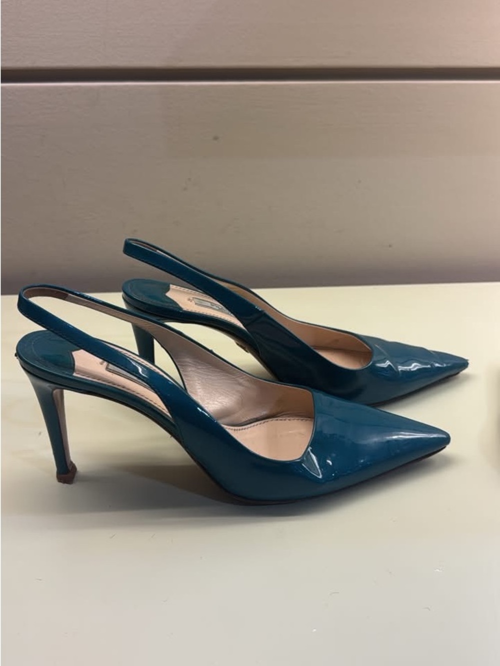 Prada Teal Patent Leather Pointed Slingback Heels